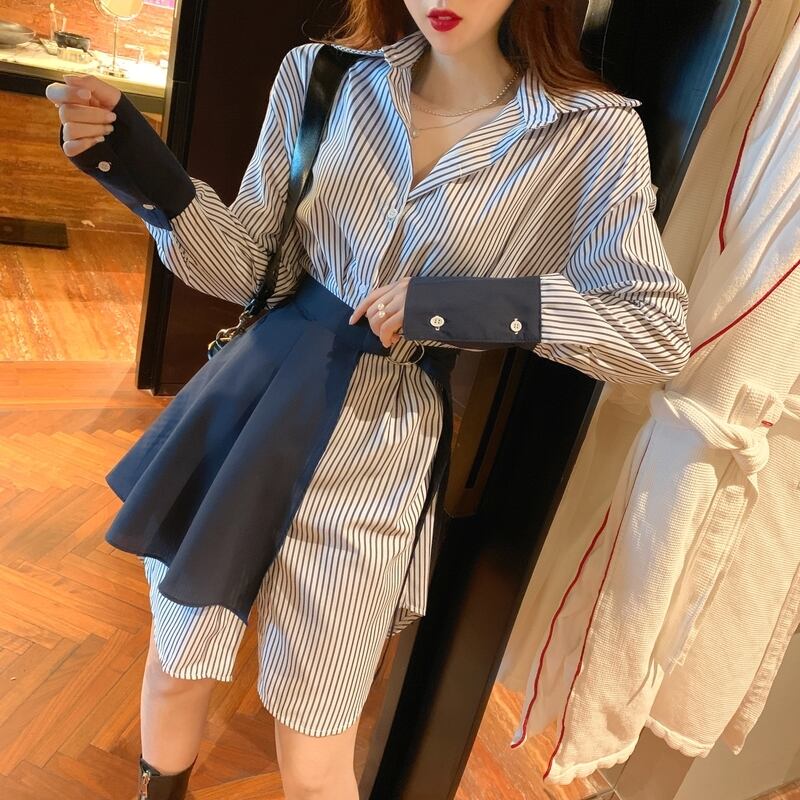 【set】ファッション気質満点個性派スカート+切り替えストライプ柄シャツワンピース2点セット G9207