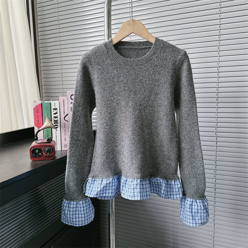【set】チェック柄切り替えニットセーター×スカートセット M28388