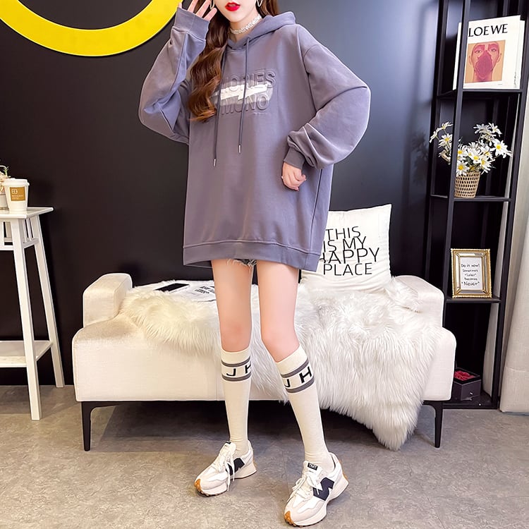 【tops】2色英字柄INS風フード付き長袖ゆったり着回しパーカーF0709