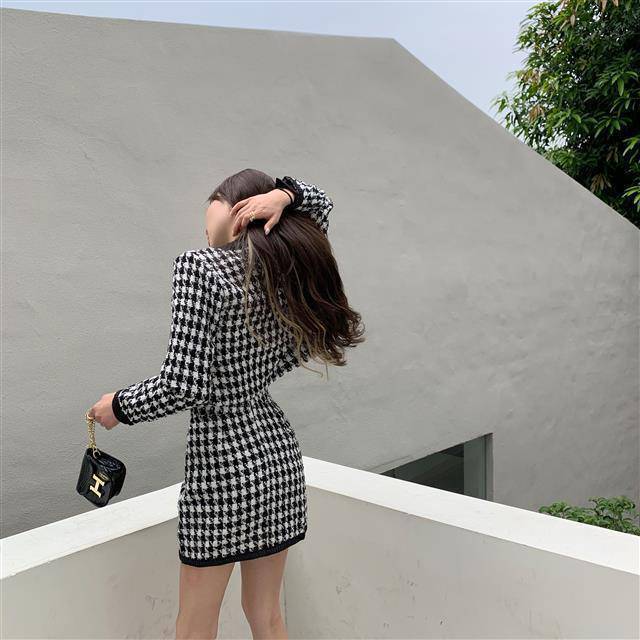 【set】細身効果抜群♪2点セット秋新作千鳥格子長袖ジャケット+タイトスカートF0781