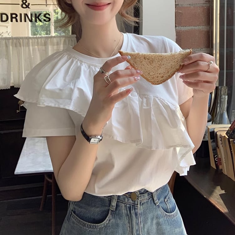 【tops】ラウンドネックフリルTシャツF7301
