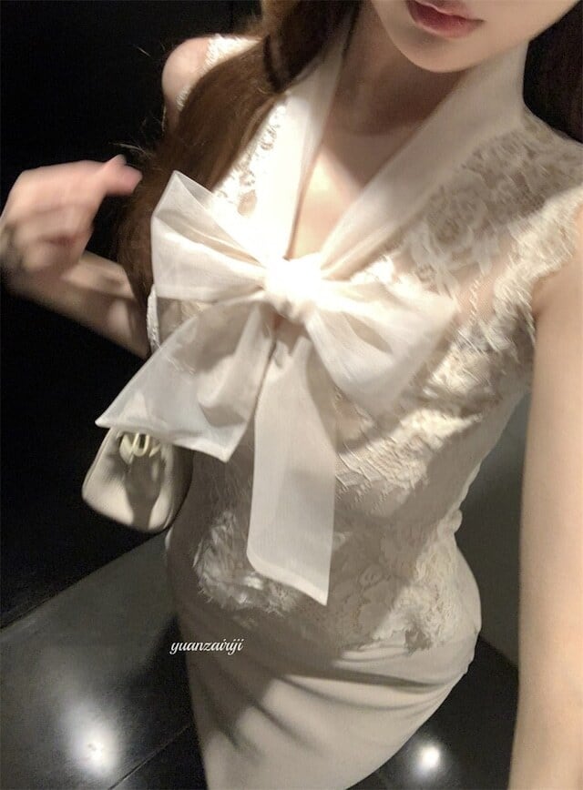 【set】リボン付きレースタンクトップ+タイトスカートセットF7162