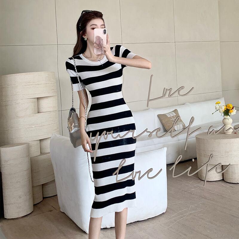 【dress】ストライプ柄Tシャツニットワンピース G20999