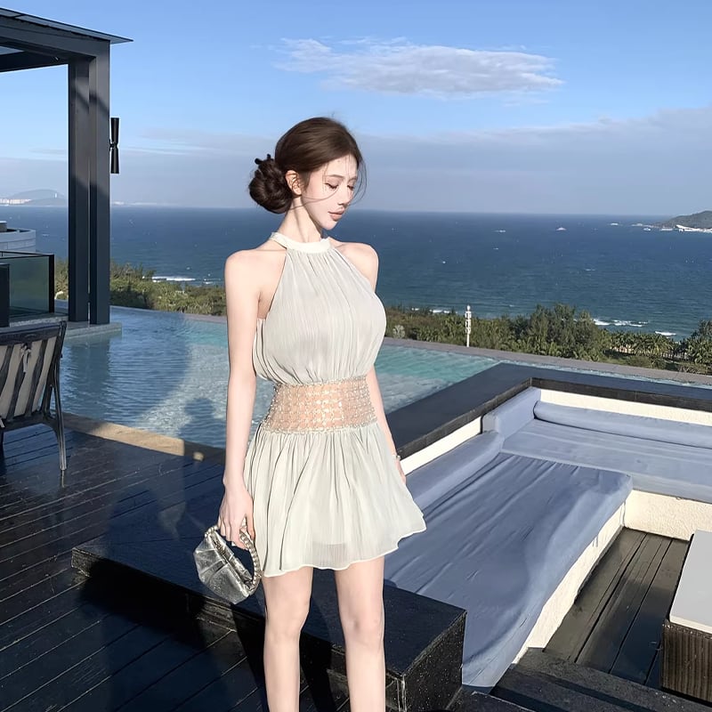 【dress】ビーズ付きノースリーブチュールミニワンピース Q8406