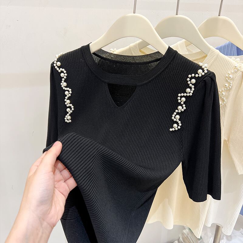 【tops】ビーズ半袖ニットTシャツF7310