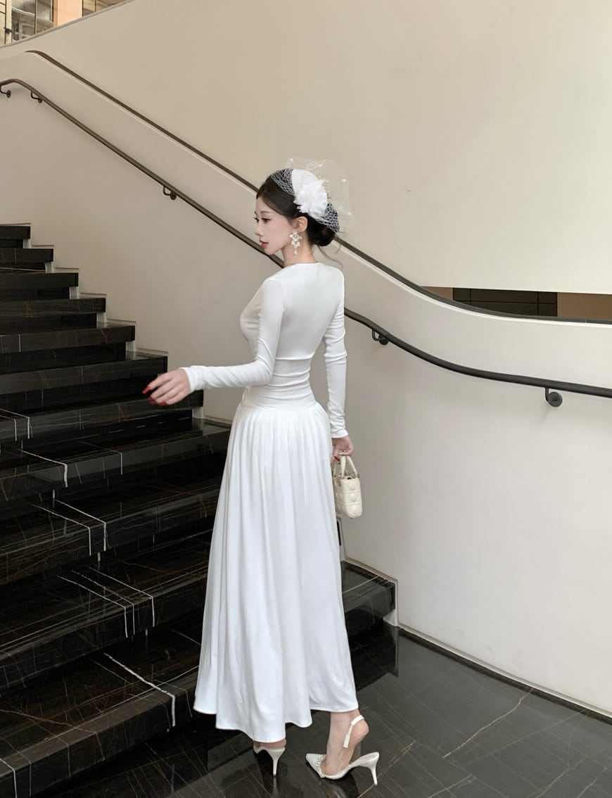 【dress】Vネックレースドッキングワンピース Q7425