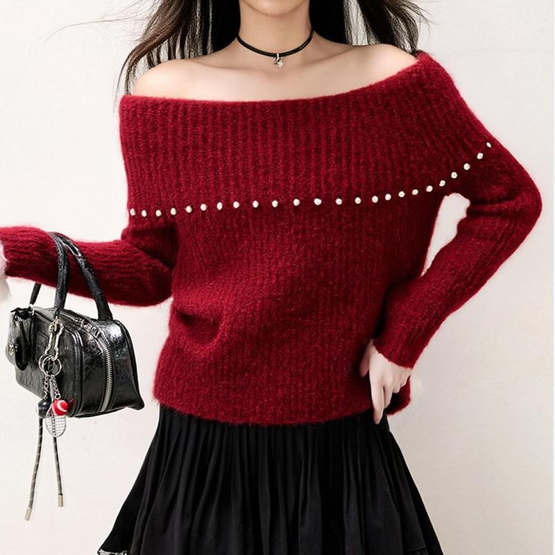 【tops】パール付きオフショルダーニットトップス Q7669