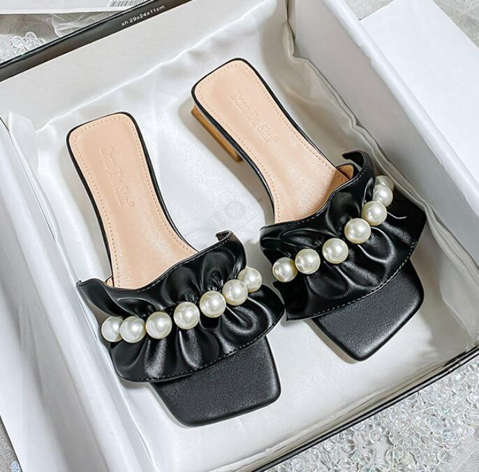 【shoes】美人度アップ3色スクエアトゥ履きやすい合わせやすいビーズ飾りスリッパサンダルF2754