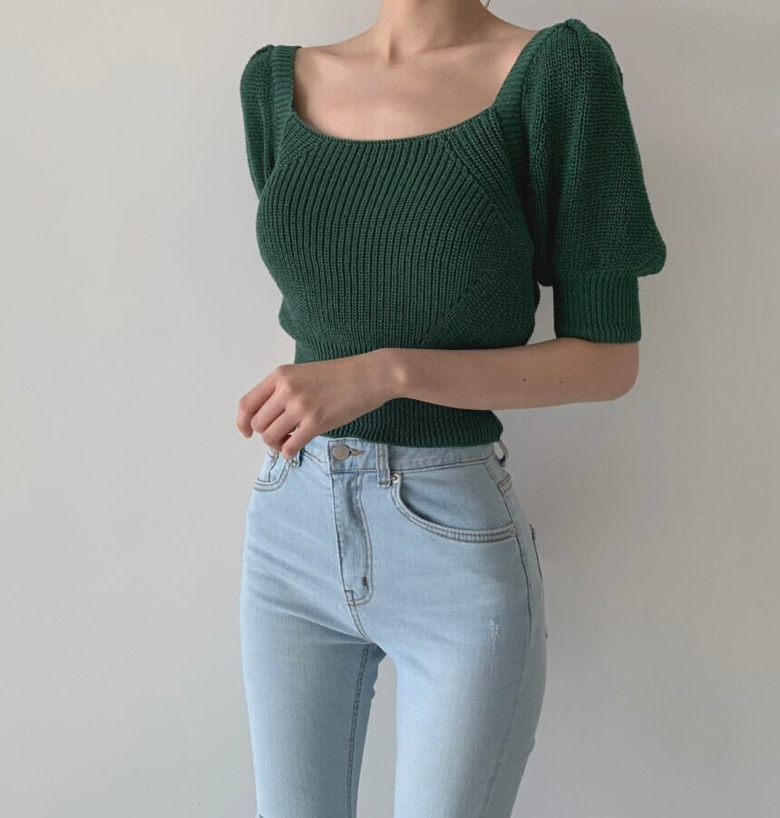 【tops】大人可愛いパフスリーブ無地ショート丈ボウタイニットF0022