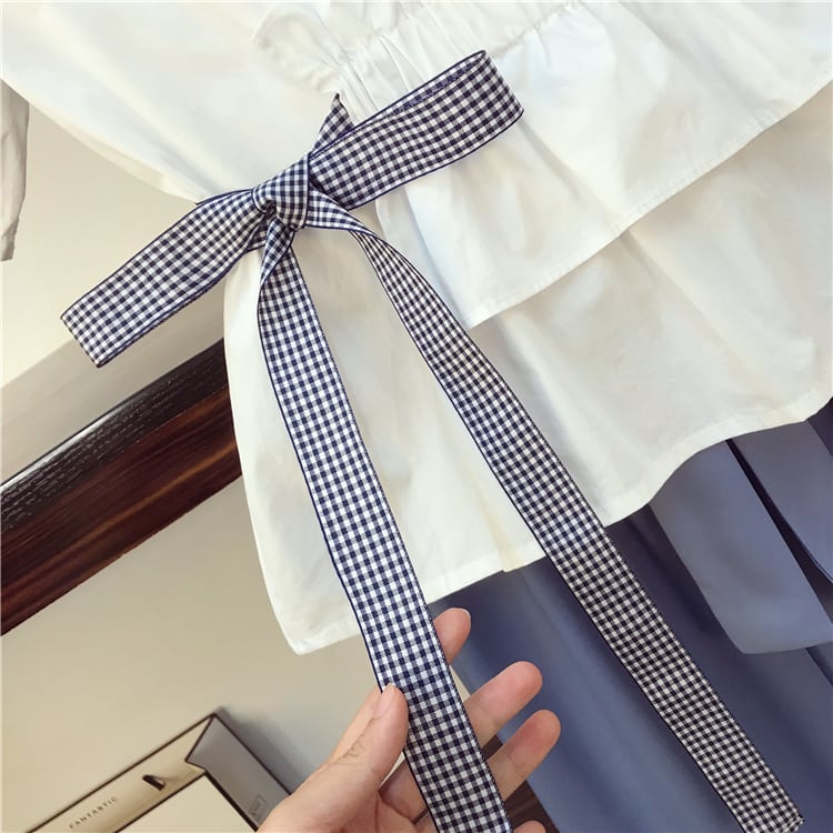 【set】オシャレ度満点〜蝶々結びVネックブラウス+無地ガウチョパンツおしゃれセットアップ