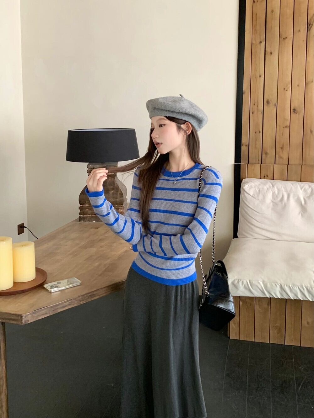 【set】ボーダー柄ニットトップス×スカートセット M27662
