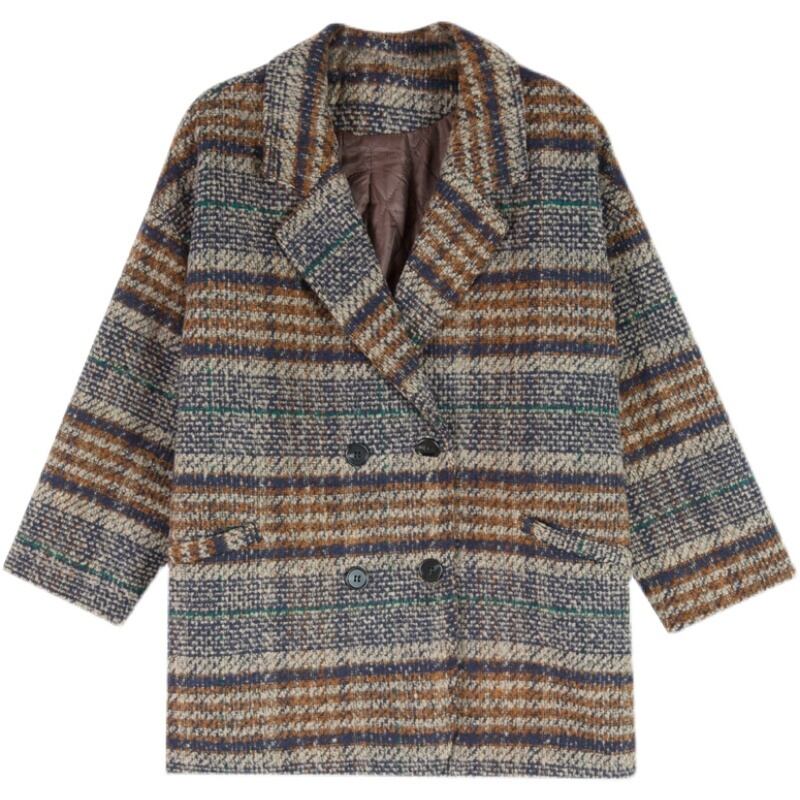 【outer】気質溢れる♪大きいラペル長袖チェック柄ゆったり着回し厚手コートF0844