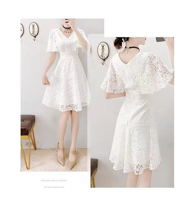 【dress】オシャレ度満点〜Vネックラッパ袖半袖レース無地ウェスト絞り韓国ファッションワンピースF2307