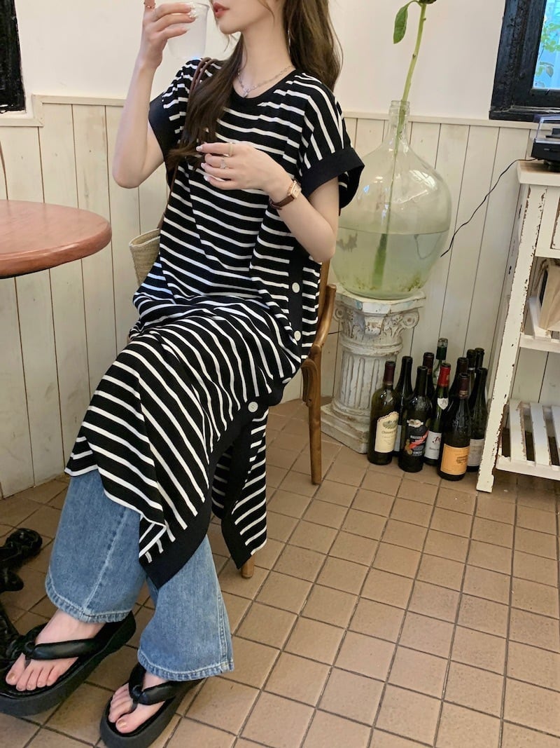 【dress】ストライプ柄スリットTシャツワンピース G21566