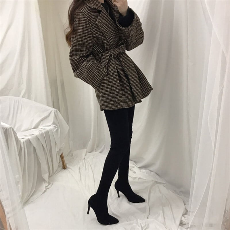【outer】店長推薦ラペル長袖着回し千鳥格子韓国ファッションウエストリボン秋冬着厚手コートF1115