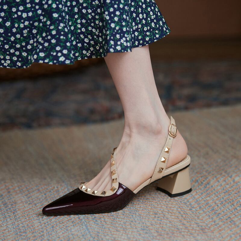 【shoes】2色超人気履きやすいキレー目ポインテッドトゥチャンキーヒールサンダルF2846