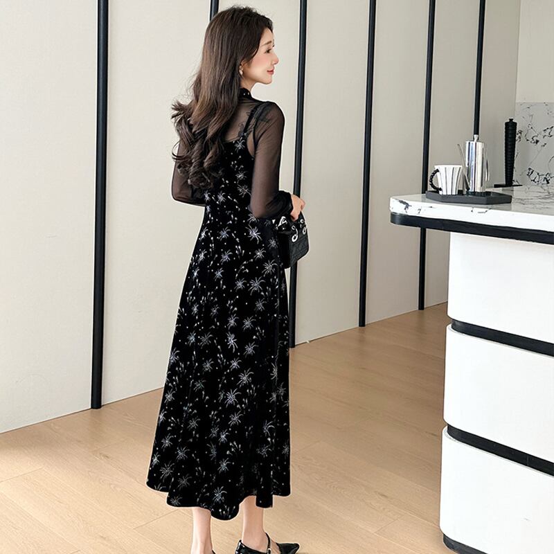 【dress】チュールドッキングベルベットワンピース Q7045