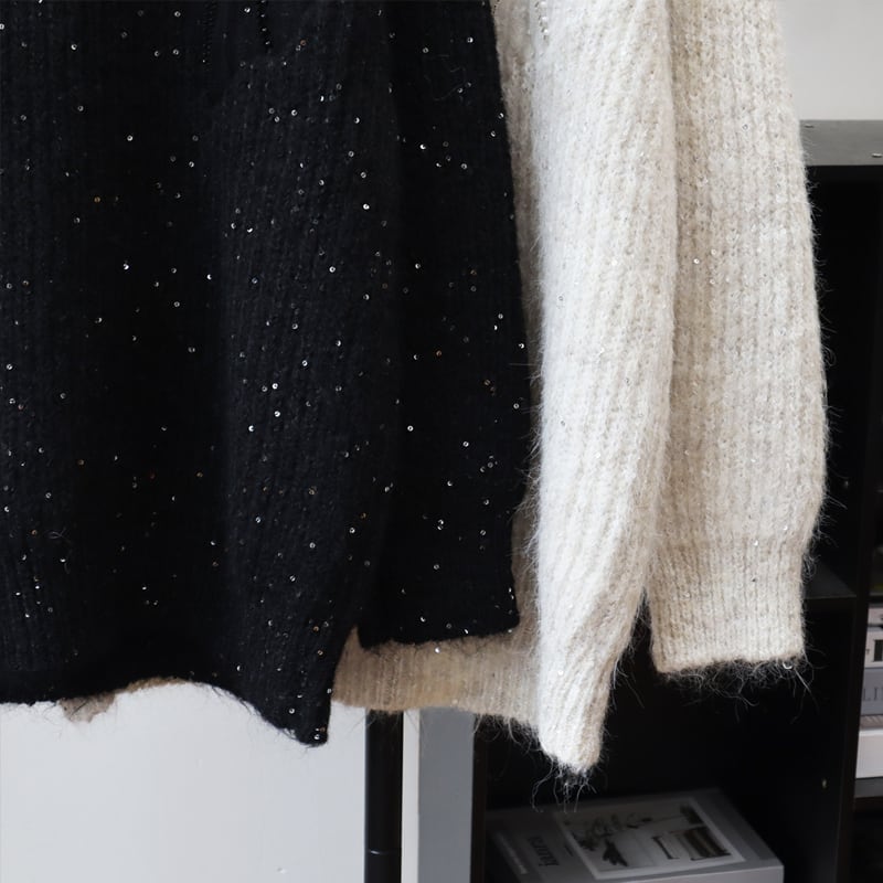 【tops】Vネックスパンコール付きニットトップス Q7436