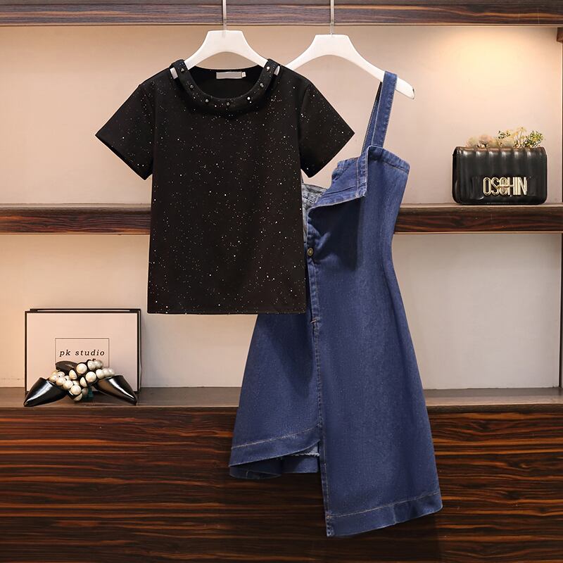 【set】好感度満載!おしゃれセットアップラウンドネックTシャツ+デニムイレギュラーサスペンダースカート
