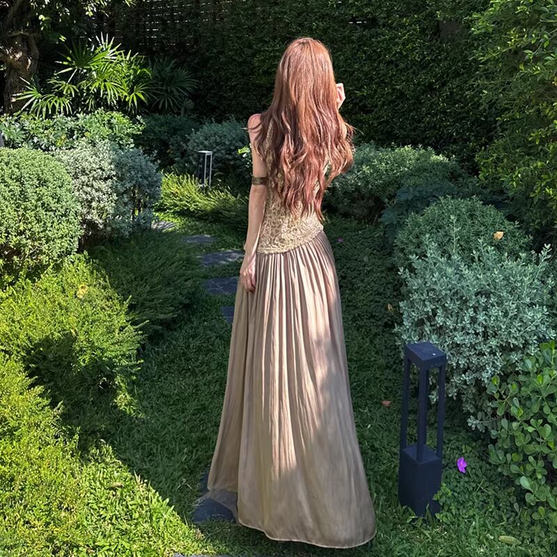 【dress】サテンドッキングノースリーブロングワンピース Q8045