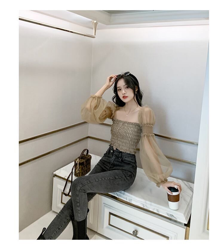 【tops】オシャレ度満点〜2wayオフネックメッシュ切り替え長袖着回し無地ブラウスF0566