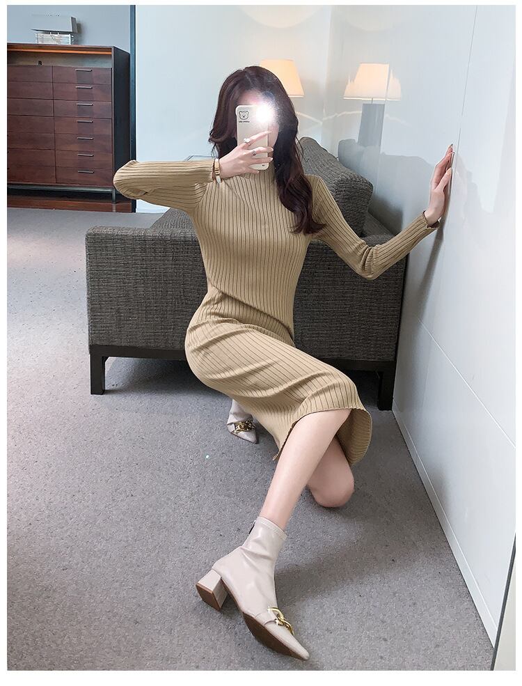 【dress】一目惚れ!2色ハーフネック長袖着やせ体型カバー無地ニットワンピースF1624