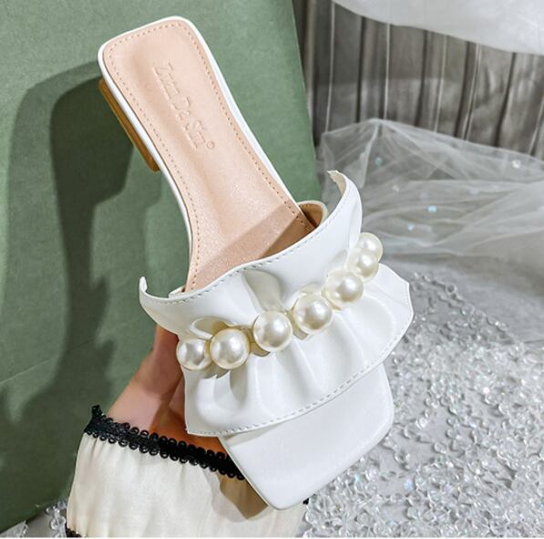 【shoes】美人度アップ3色スクエアトゥ履きやすい合わせやすいビーズ飾りスリッパサンダルF2754