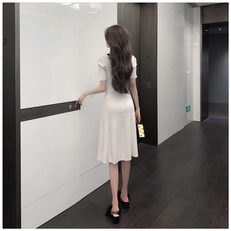 【dress】人気を獲得Vネック気質満点夏淑女レディース 体型カバー着痩せニットワンピース G8122