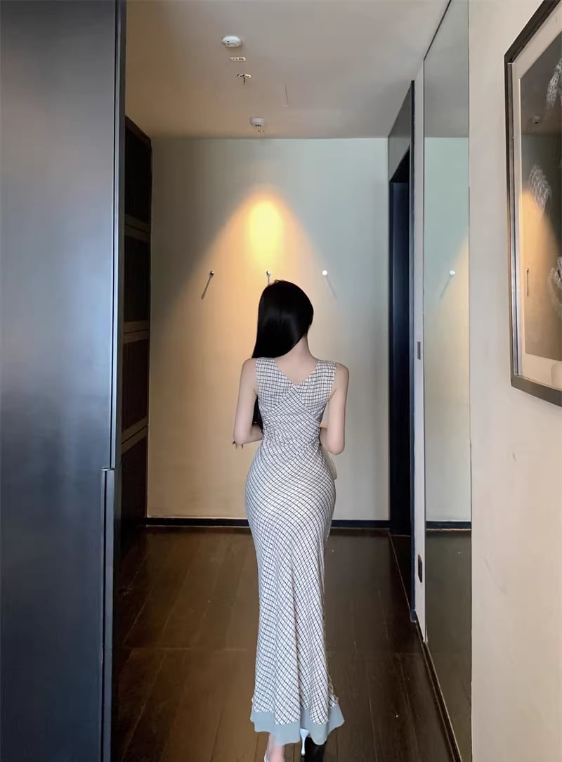 【dress】チェック柄ノースリーブロングワンピース Q8219
