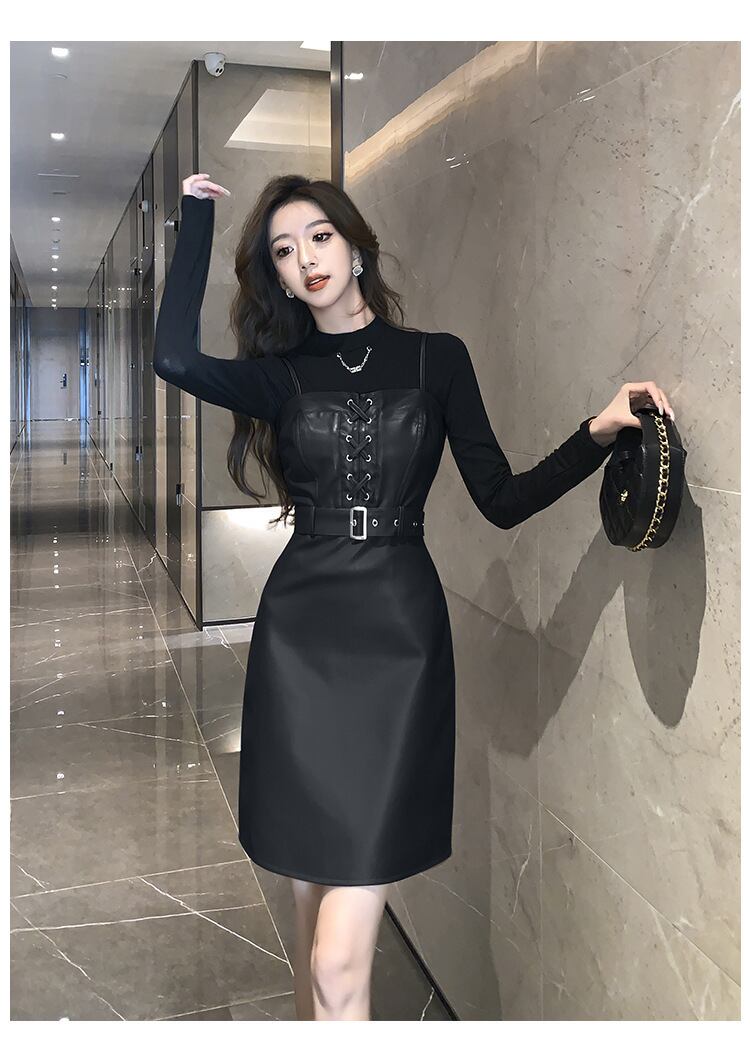 【set】長袖トップス+PUキャミワンピースセットアップG16920