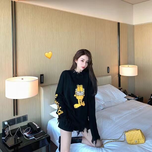 【tops】大人可愛いラウンドネック長袖体型カバー韓国ファッション動物柄配色着回しセーターF1306