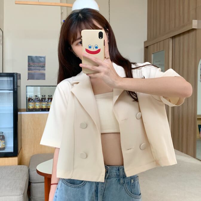 【outer】知的で品の良いラペル半袖超人気薄手ショート丈コート