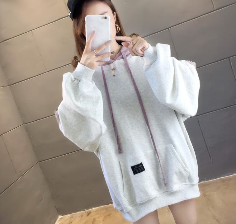 【tops】韓国ファッション長袖フード付き配色ゆったりカジュアルパーカーW0368