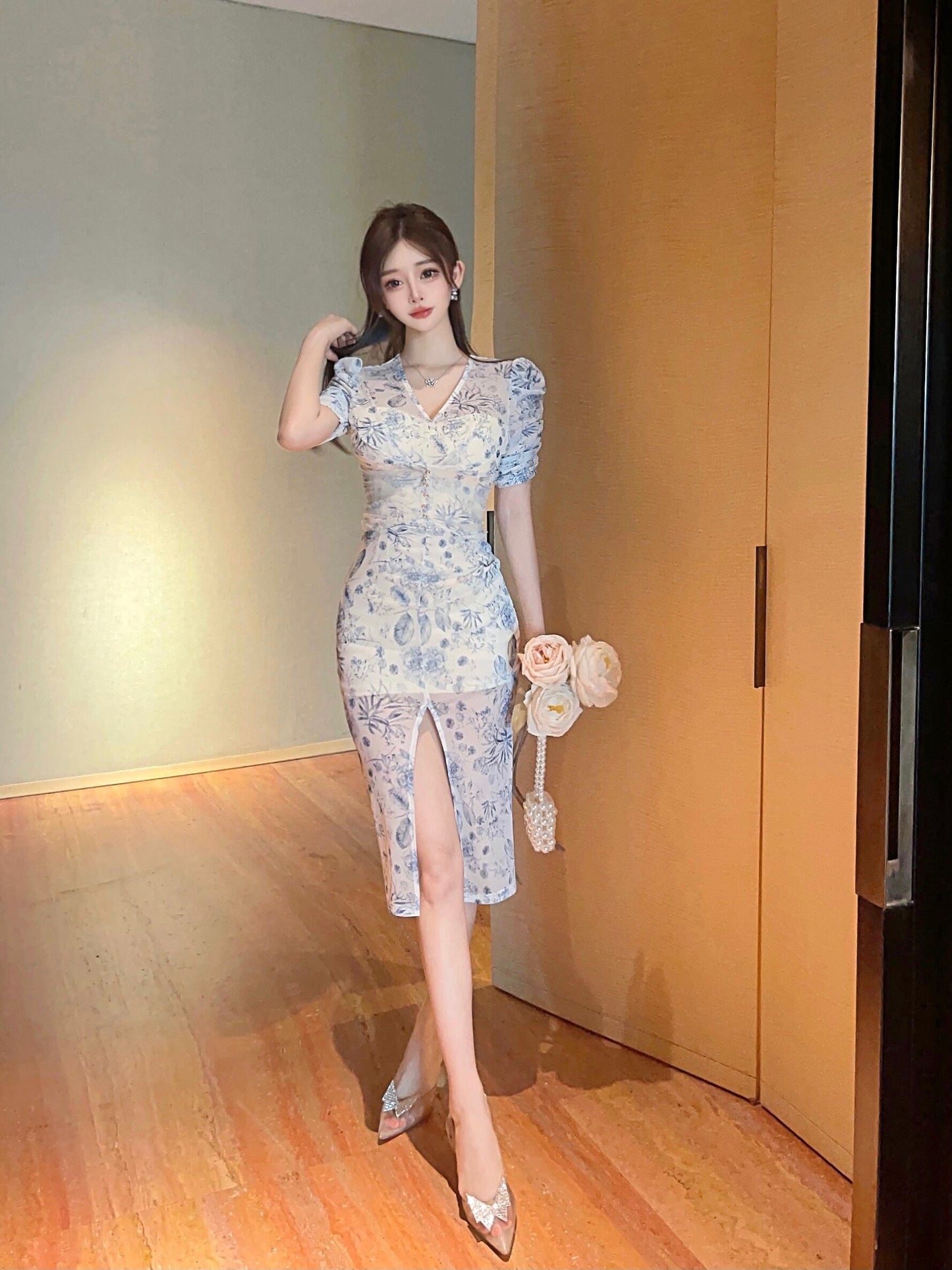 【dress】Vネックパフスリーブ花柄ワンピース G21089