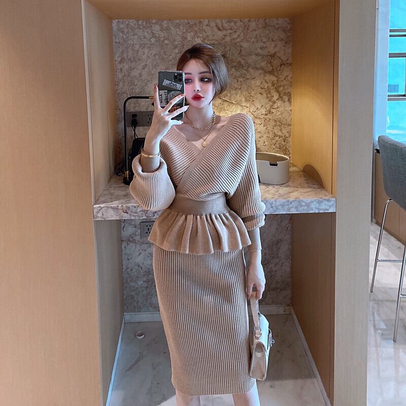 【set】 韓国系Vネックセクシーフリルトップス+タイトスカート着痩せ2点セット G3161
