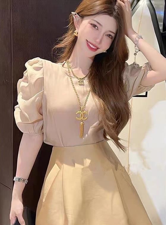 【set】半袖パフ袖ブラウス+スカート2点セットF7529