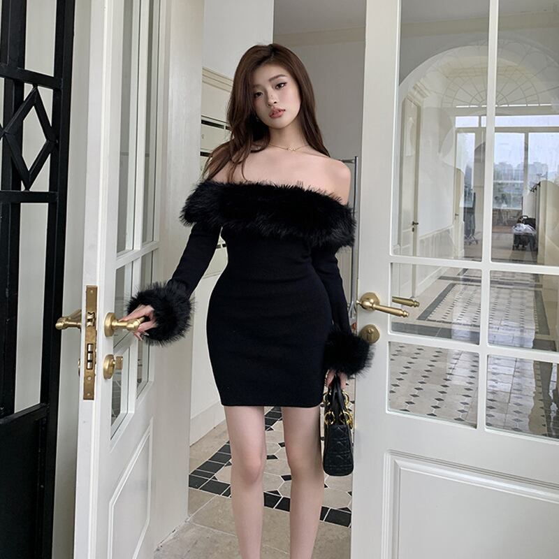 【dress】ファー付きオフショルダーワンピース Q6918