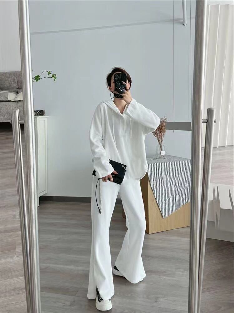 【set】好感度満載!3色ゆったり長袖パーカー+無地ガウチョパンツ通勤日常セットアップF4785