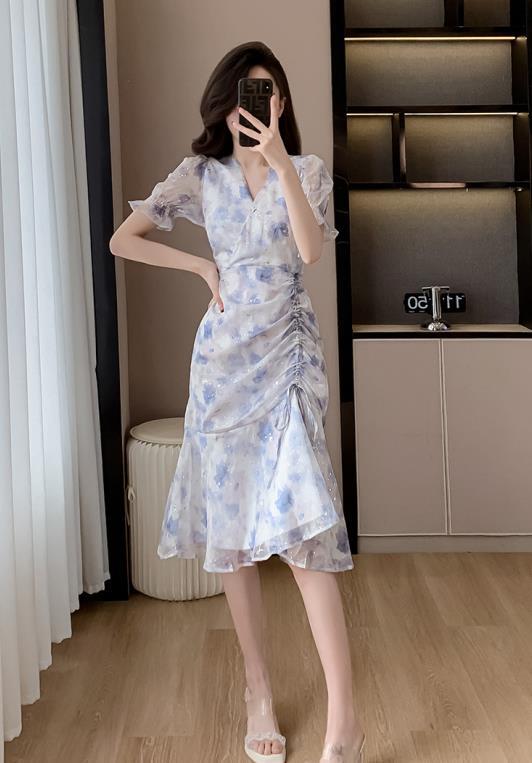 【dress】Vネック半袖マーメイドワンピースF7407