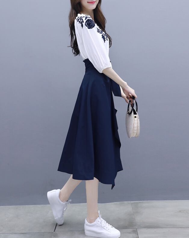 【set】好感度UPオフネックブラウス+ウエストリボン無地スカートおしゃれセットアップ