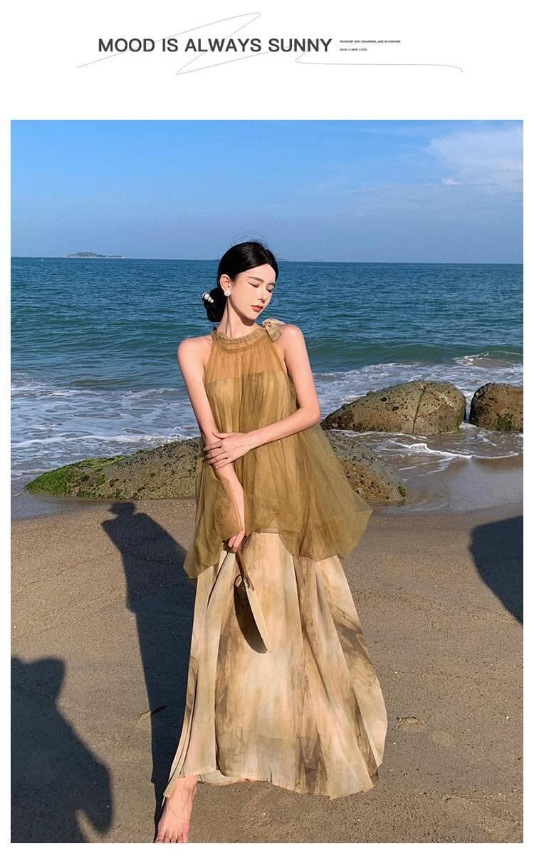 【dress】メッシュ偽二つ切り替えワンピース G20432