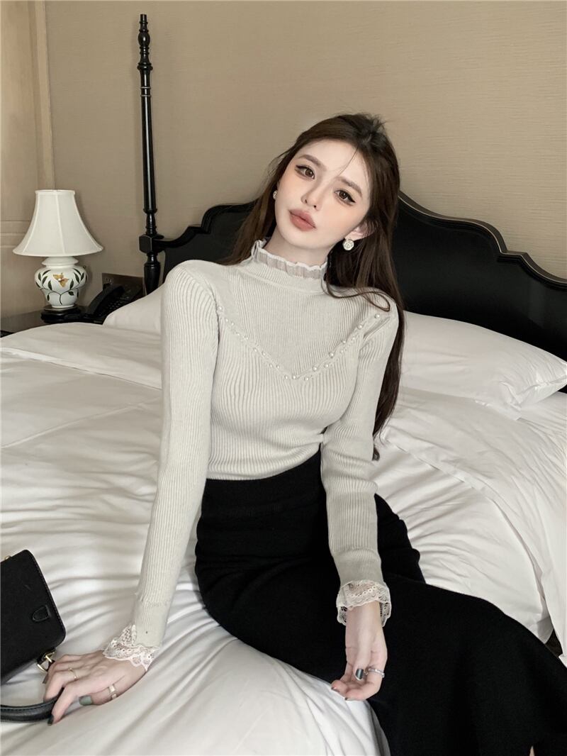 【tops】レースパールハーフネックニットG18015