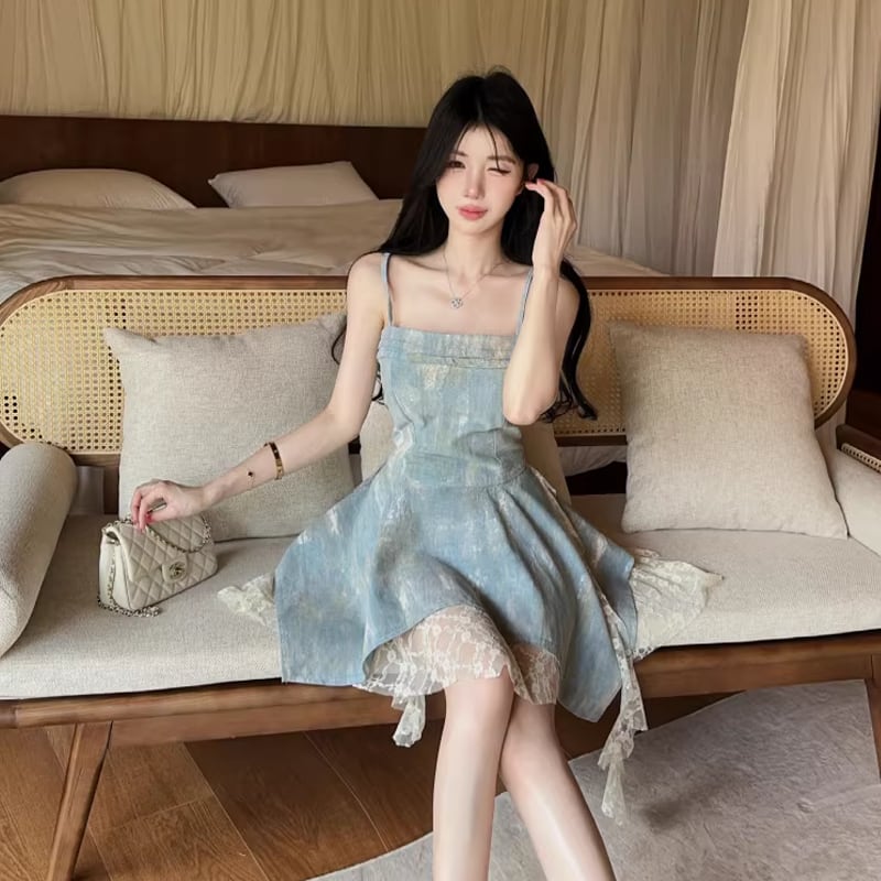 【dress】レースドッキングデニムキャミワンピース Q8340