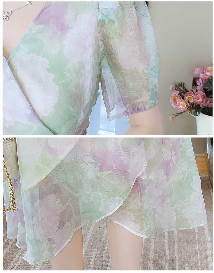 【dress】Vネックシフォン花柄ワンピース G21274