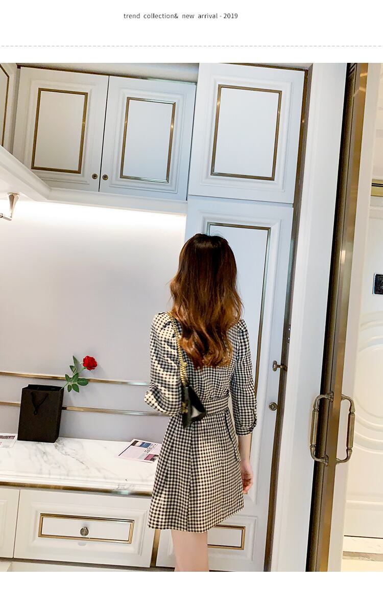 【dress】上品な質感!気質満点レトロ高品質スーツ長袖秋冬新作千鳥格子ワンピース G4541