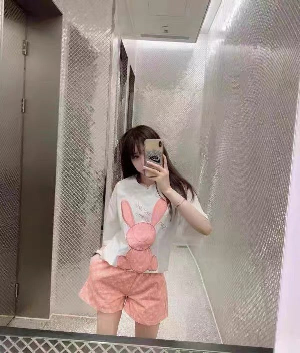 【set】2色動物柄Tシャツ+ショートパンツ2点セットF7702