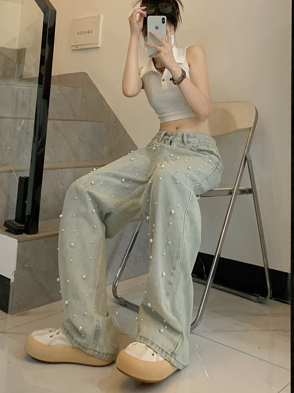 【bottoms】パールデニムガウチョパンツG20418