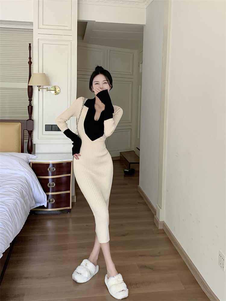 【dress】フェイクレイヤードニットワンピース Q7122