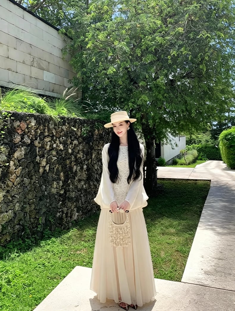 【dress】ノースリーブレースドッキングロングワンピース Q8466