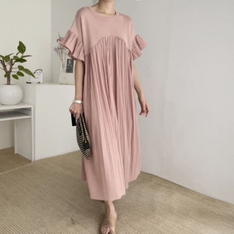 【dress】ラウンドネック半袖フリルワンピースF7349